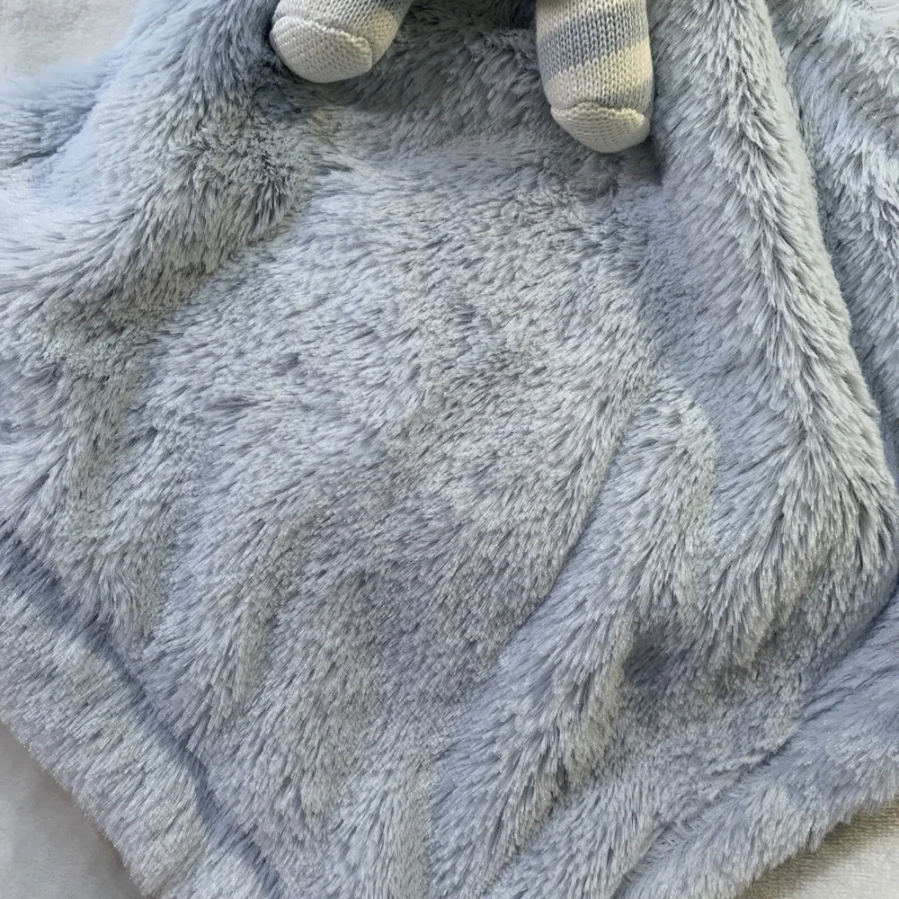 NUBY Blue Grey Knit Stripe‎ Bear Baby Blanket Furry Holding Security Lovey NWOT